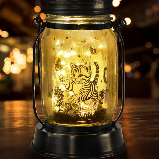 Cat Gifts Cat Solar Lanterns Cat Solar Lights Outdoor Cat Lover Gifts for Women Men Cat Lovers Gifts Hanging Cat Lanterns with Stake for Yard Lawn Garden Decor Waterproof Cat Butterfly Lantern Torches
