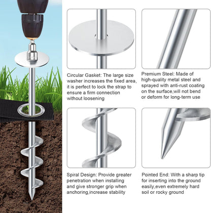 Eurmax USA Ground Anchors Screw in Trampoline Anchors High Wind Tent Stakes Heavy Duty Ground Stakes Trampoline Stakes Anchor Kit Set of 4 Bonus 4 Strong Belt (Silver)