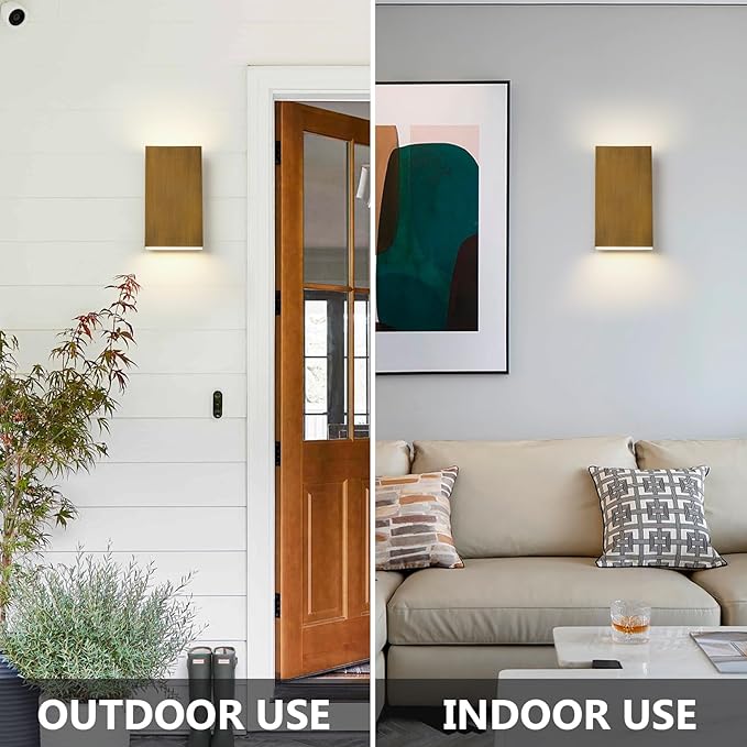 Handmade Gold Up and Down Outdoor Wall Lights 10" LED Patio Wall Light Fixture Rectangle Exterior Lighting Fixtures for House, Porch Entryway Front Door Patio Garage (10W, 3000K/4500K/6000K)