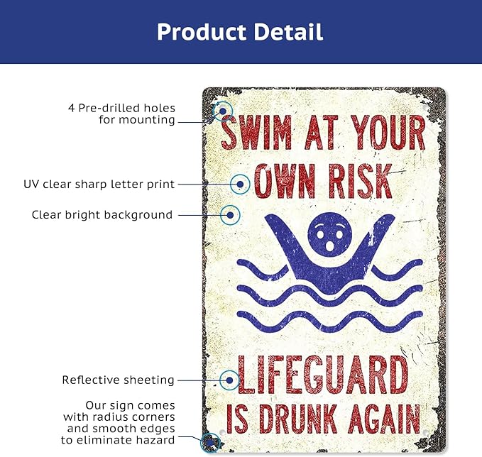 Pool Sign-'Swim at Your Own Risk'-Vintage Metal Funny Metal Signs for Decor Outdoor,Funny Pool Sign for Outside 8x12 Inch