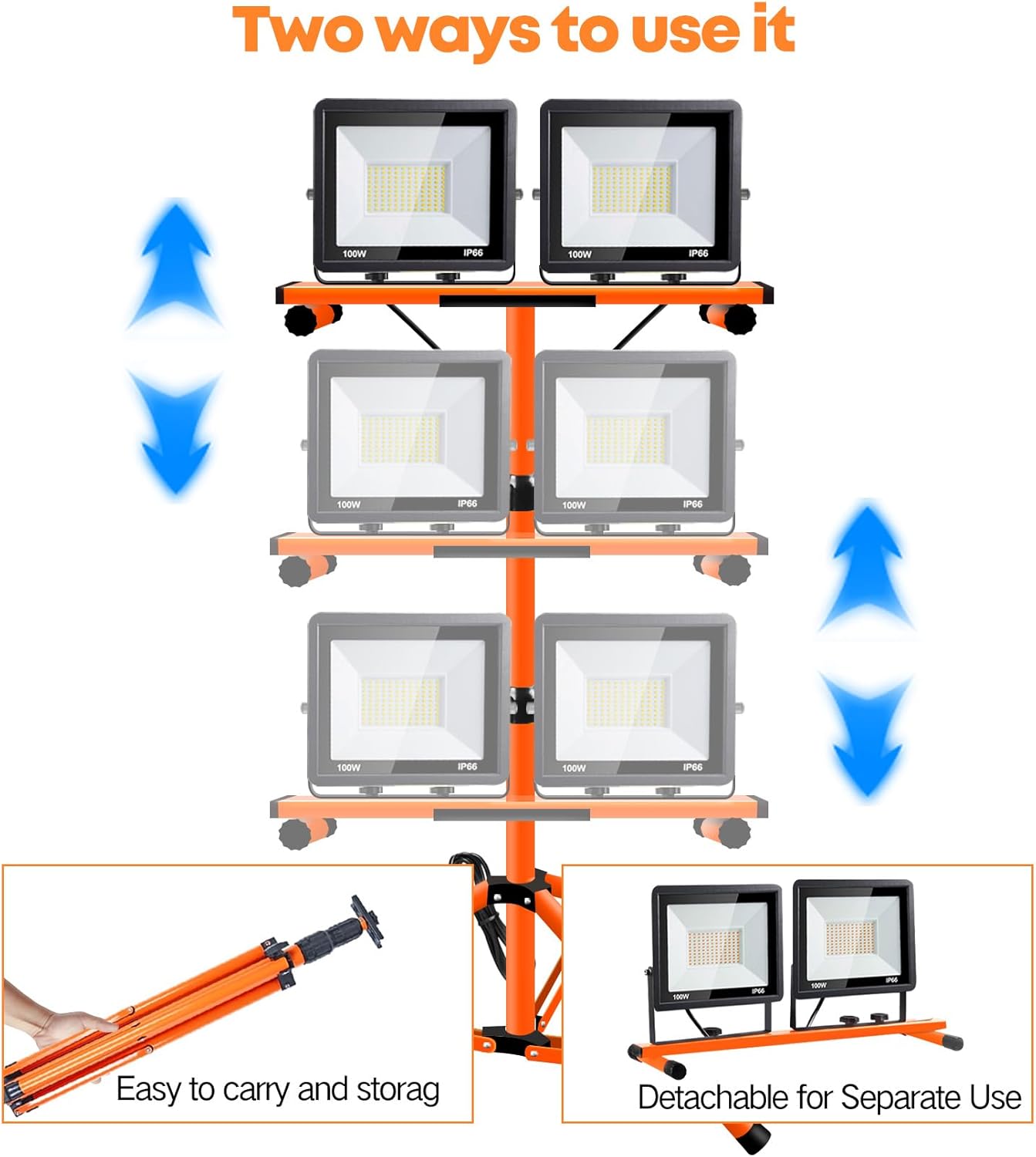 21000 Lumen Work Lights with Stand, 2 Adjustable Head LED Work Light, with Adjustable and Foldable Tripod Stand, Waterproof Lamp with Individual Switch with 6500 Kelvin Color Temperature