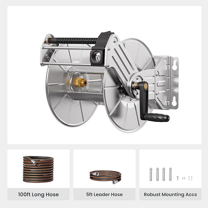 Giraffe Tools Stainless Steel Garden Hose Reel with 5/8" x 100 ft Heavy Duty Hose, Wall/Floor Mounted Metal Water Hose Reel with Crank Handle
