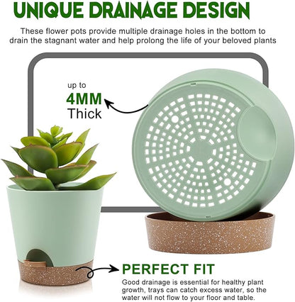 Indoor Self Watering Planters with Drainage Holes and Saucers, 9,8, 7.5 Inches, Green, 3 Pots (Springgreen)