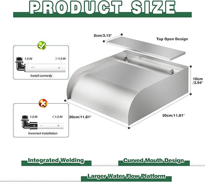 Pool Fountain Waterfall Spillway with Wider Water Flow Platform, Stainless Steel Waterfall with Pipe Connector Kits, Water Feature Spillway for Garden Decor, Patio, Ponds, 11.8"x11.8"x3.9