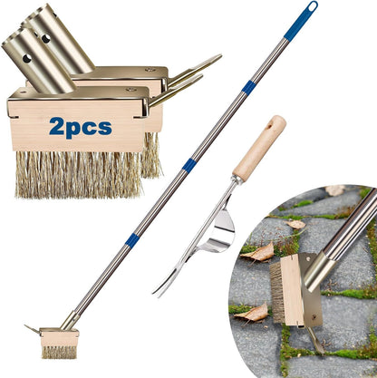 mcwdoit Crack Weeder Tool, Crevice Weeding Moss Brush with 2 Heads&Scraping Hook, A Hand Puller Tool, Moss Remover with Steel Handle for Cleaning Paving Joint Paver Sidewalk Patio Stone Driveway Deck