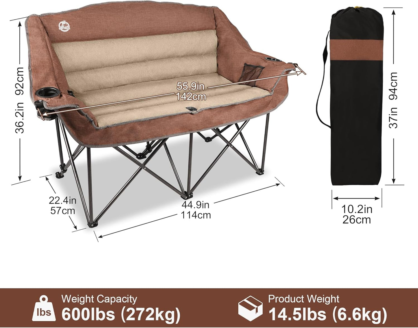 Northroad Folding Loveseat Camping Chair Portable Double Duo Full Padded Garden Chair for 2 Person Sofa w/Cup Holder,Wine Glass Holder,Mesh Storage,Support 600lbs for Picnic Beach Travel, Moca