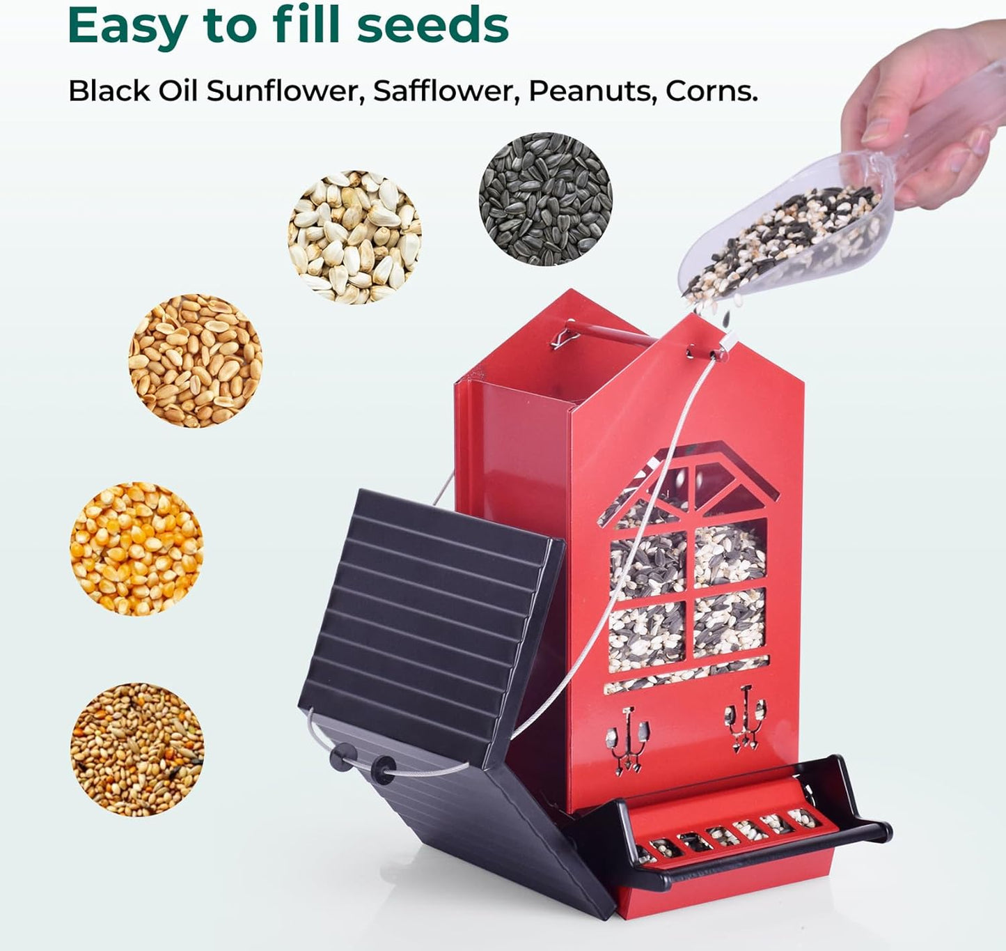 Squirrel Proof Bird Feeders for Outdoors Hanging, 5LBS Large Capacity, Metal Wild Seed Feeder with Bilateral Weight-Activated Perches, Anti Squirrel Birdfeeder for Outside Finch, Cardinal- Red