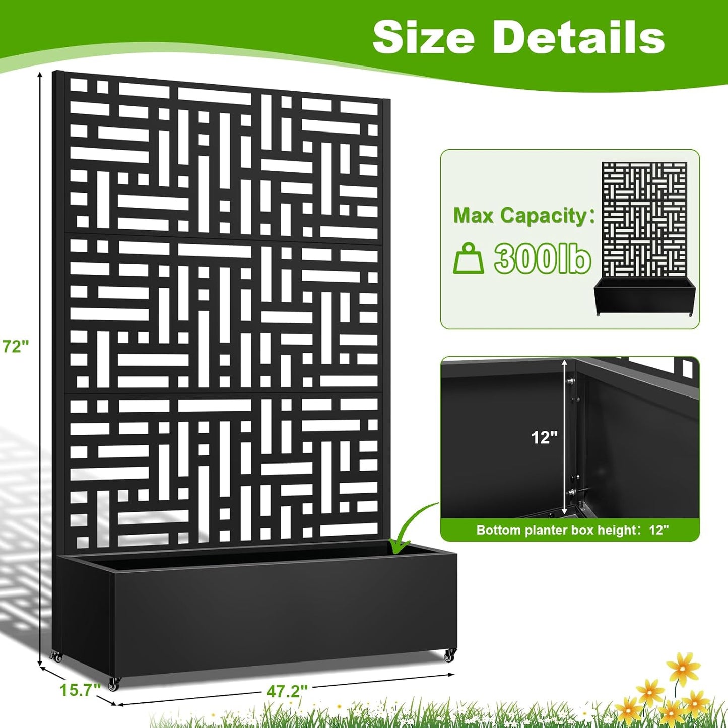 Metal Planter Box with Trellis, 72"x47"x16" Metal Raised Garden Bed with Trellis, Trellis Planter Box with Drainage Holes & Lockable Casters for Climbing Plants, Vegetables, and Vines