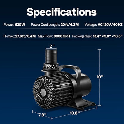 VIVOHOME Electric 620W 9000GPH Submersible Water Pump for Koi Pond Pool Waterfall Fountains Fish Tank and Aquarium