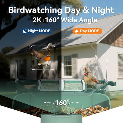 Dual-Lens Bird Feeder with Camera & Bird Bath Combo, Watch Birds Eat & Bathe with WiFi 2K HD Video, Auto Record, AI Recognition, APP Alerts, Solar Powered, for Backyard Garden Porch Fence Decor