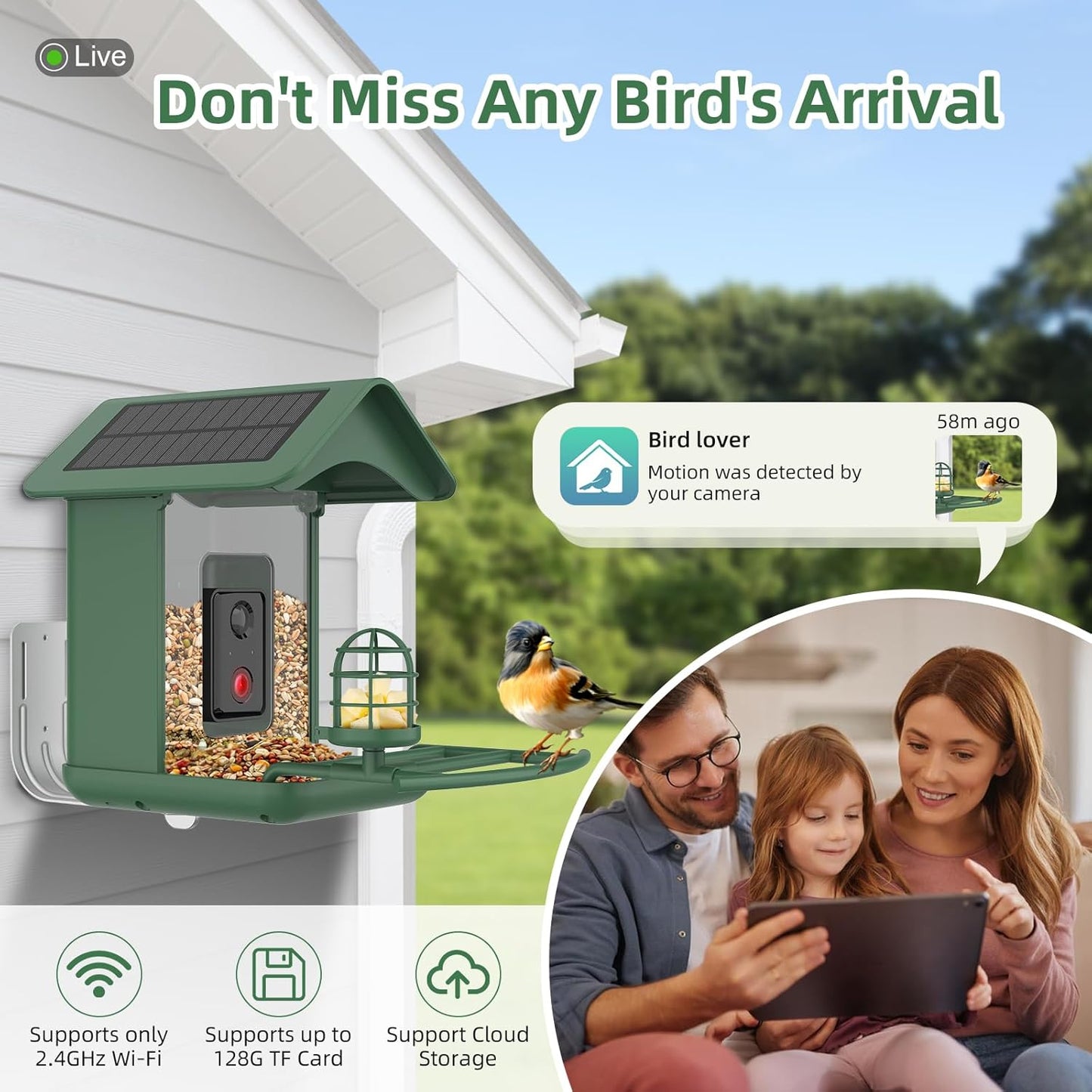 Smart Bird Feeder with Camera Solar Powered,AI Species Identify,2K HD Auto Capture Video,Instant Arrival Alerts,2L Large Capacity,IP65 Waterproof,Hummingbird Feeders for Outdoors,Gift for BirdLovers