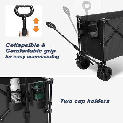 Chihee Garden Cart Collapsible Outdoor Utility Wagon Cart,Folding Beach Cart Oversized Capacity 254L,Heavy Duty Portable Wagon All Terrain Wheels Oversized Side Pocket 2 Drink Holders for Camping