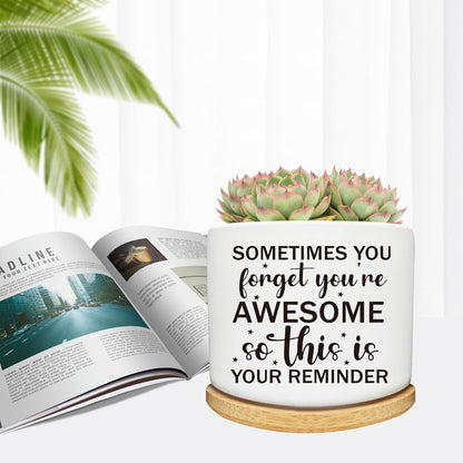 Succulent Cactus Cute Planter Pots with Bamboo Tray, Office Kitchen Home Windowsill Indoor Decor, Gift for Friends Mom Women Coworkers Teachers Plant Lovers