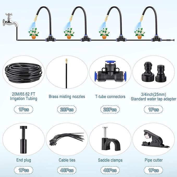 Mornajina Automatic Drip Irrigation Kits Garden Irrigation System, Includes 66FT 5/16 inch Irrigation Tubing Hose & 20Pcs 360° Bending Dropper Atomizing Mist Nozzles Tee for Garden Watering System