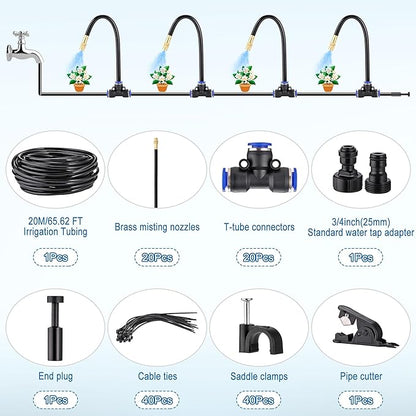 Mornajina Automatic Drip Irrigation Kits Garden Irrigation System, Includes 66FT 5/16 inch Irrigation Tubing Hose & 20Pcs 360° Bending Dropper Atomizing Mist Nozzles Tee for Garden Watering System