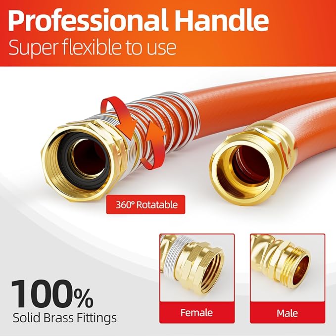 SPECILITE Garden Water Hose 50 ft x 3/4 in Heavy Duty, Flexible and Lightweight, Burst 600 psi, Kink-less Hybrid Rubber Pipe for Backyard, 3/4'' Brass Fittings, Orange