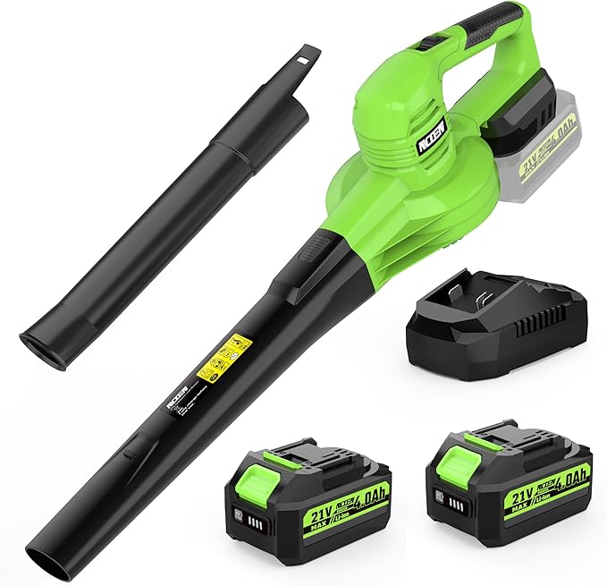 21V Lightweight Leaf Blower Cordless with Battery and Charger 2 x 4.0Ah Powerful 2-Speed Electric Blowers for Lawn Care, Blowing Leaves, Patio, House, Depot (Green)