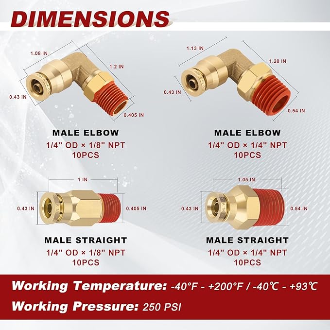1/4” Quick Push to Connect Fittings Brass Male Straight and Elbow Combination DOT Approved 1/4 Tube OD to 1/4 and 1/8 NPT DOT Air Line Fittings Kit Air Suspension Kit Air Hose Repair Kit 40pcs