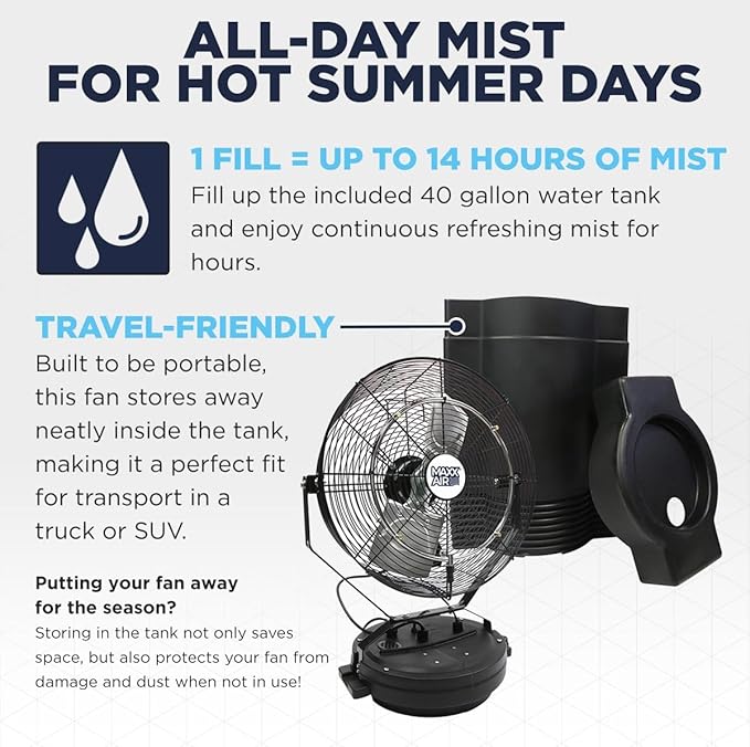 Maxx Air Heavy Duty Industrial 40 Gallon Portable Outdoor Misting Fan - Powerful Misting Outdoor Fan - 180 PSI Swamp Cooler for Cooling Large Areas