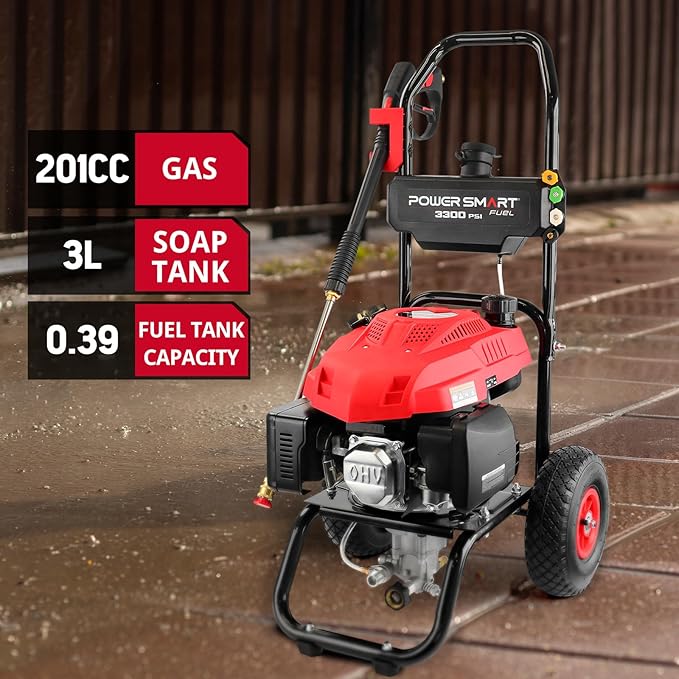 PowerSmart Gas Pressure Washer - 3300 PSI, 2.5 GPM with Onboard Soap Tank, Spray Gun & Wand, and 5 Nozzles - Perfect for Cleaning Cars, Fences, Driveways, Homes, Patios & Furniture