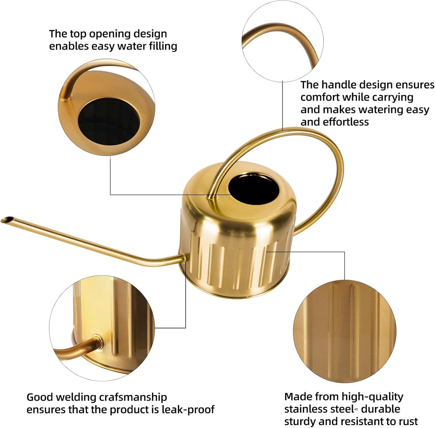 34oz/1L Stainless Steel Watering Can, Rust-Proof Indoor/Outdoor Watering Can for House Plants, Long Spout Water Can for Succulent Bonsai Garden Flowers (Gold Color)