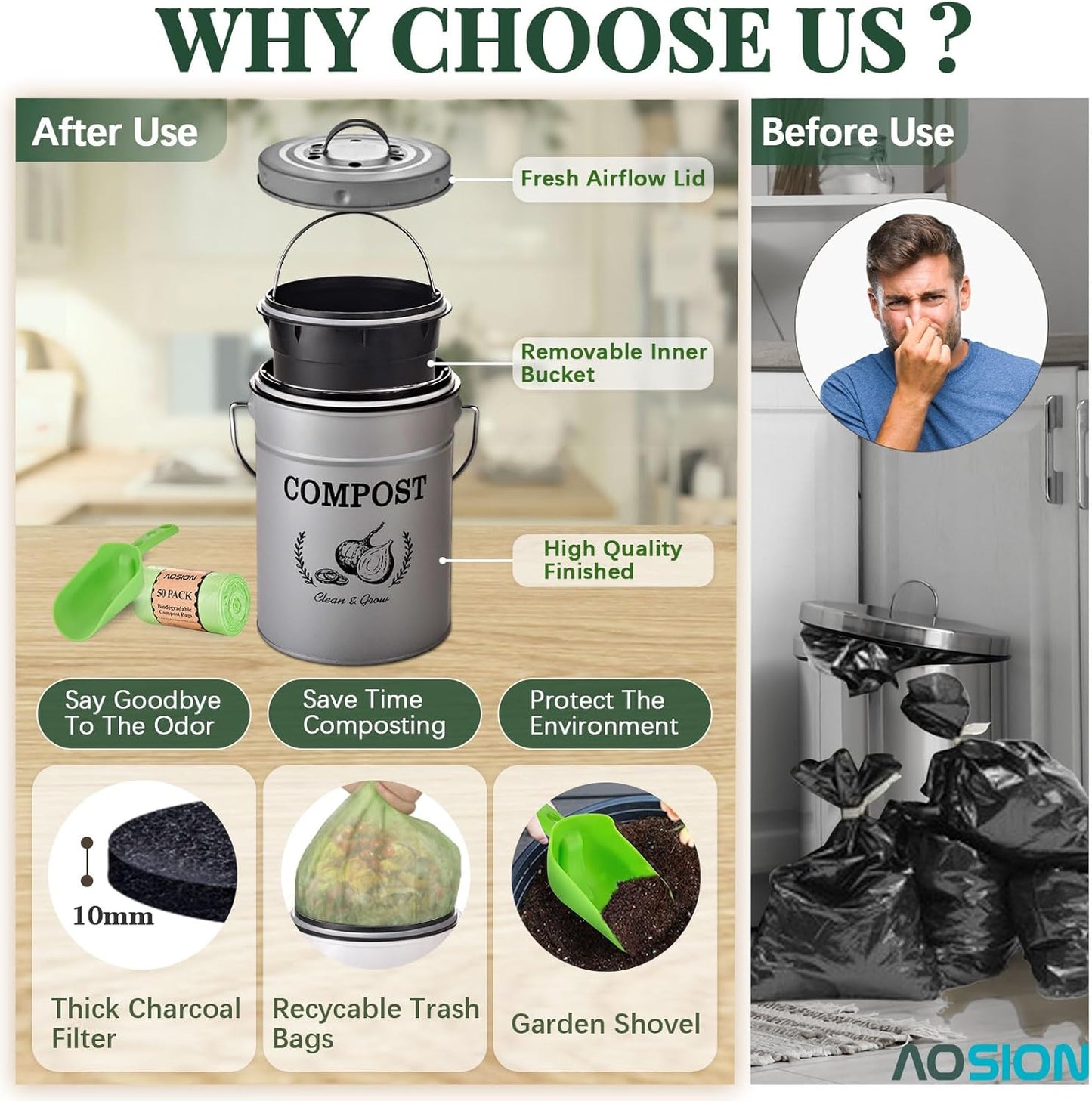 AOSION Countertop Compost Bin Kitchen,Odor Resistant Indoor Compost Bin with Lid and Compost Bags,Compost Bucket Composter Container for Food Waste,Grey