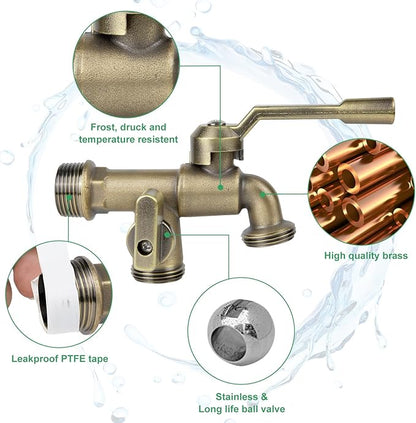 Outside Water Faucet,Outdoor Wall Mounted Garden Double Faucets Two 3/4 inch Brass Ball Valves Water Tap Frost-Proof Outside Spigot Replacement with 2 Outlets for Home Balcony (Bronze 3/4" Male Inlet)