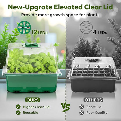 MIXC Seed Starter Kit with Grow Light, Elevated Seedling Tray Kit with Adjustable Humidity Dome and Clear Cell Tray, 12 Full Spectrum Led Beads for Seed Starting Greenhouse, 6 Pack, Green