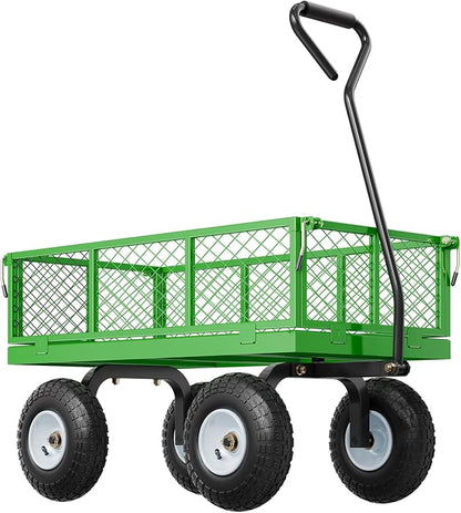 VEVOR 900 Lbs Steel Garden Cart on Wheels, Heavy Duty Pullable Garden Wagon Yard Cart, Outdoor Metal Utility Wagon with 10" Tires and Mesh Removable Sides(Convert to Flatbed), and 180°Rotating Handle