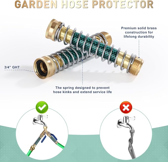 Dalmbox Garden Hose Splitter 2 Way With Long Handle, Garden Hose Adapter with 2 Pcs Garden Hose Coiled Spring Protectors and 6 Rubber Washers