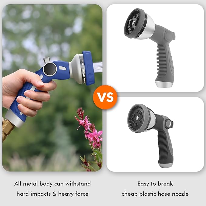 RESTMO Hose Nozzle Heavy Duty, Metal Water Hose Sprayer for Garden, 9 Spray Patterns | High Pressure | Thumb Flow Control | On/Off Valve, Ideal for Lawn & Plant Watering, Car & Pet Washing, Blue
