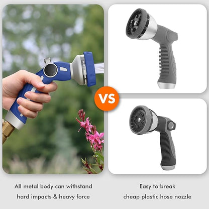 RESTMO Hose Nozzle Heavy Duty, Metal Water Hose Sprayer for Garden, 9 Spray Patterns | High Pressure | Thumb Flow Control | On/Off Valve, Ideal for Lawn & Plant Watering, Car & Pet Washing, Blue
