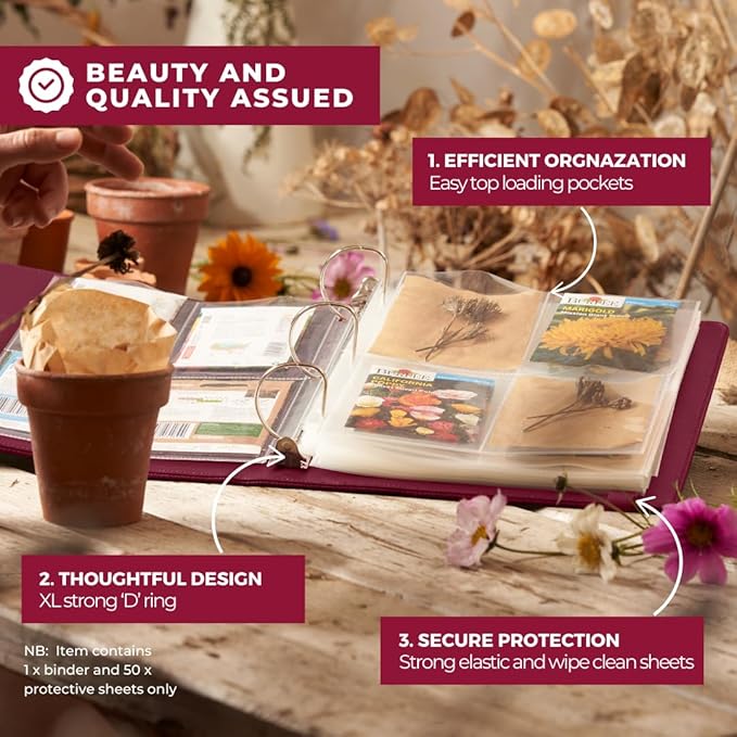 WILDGOOSE Seed Storage Organizer Binder - Seed Packet Organizer with 50 Pack Sheet Protectors That Stores 200 Seed Envelopes. (Raspberry)