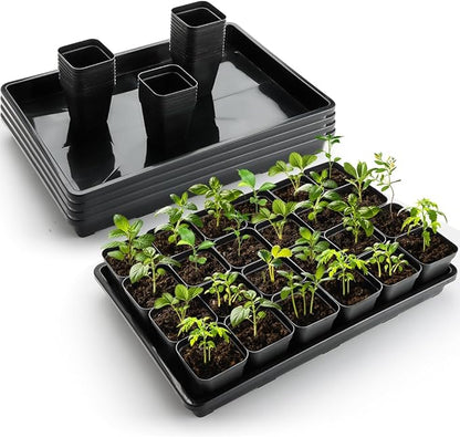 2.8 inch (7CM) Square Nursery Pots 120pcs with 5 Pack Seed Starter Trays, Durable Plastic Flat Seedling Tray (17"x11"x2") for Carrying and Holding Plant Nursery Pot (Black)