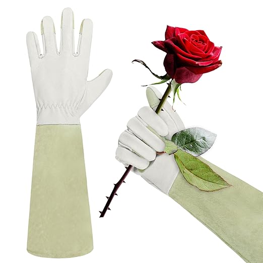 HLDD HANDLANDY Long Sleeve Leather Gardening Gloves,Rose Pruning Floral Gauntlet Garden Gloves For Women and Men (Small, Beige)