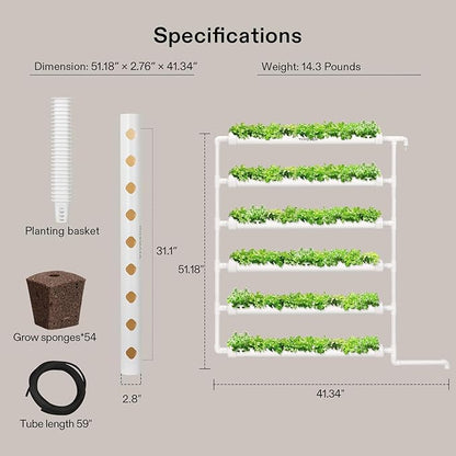 VIVOSUN Hydroponic Grow Kit, 54 Plant Sites 6 Food-Grade PVC-U Pipes Hydroponics Planting System with Water Pump, Pump Timer, Nest Basket and Sponge for Leafy Vegetable