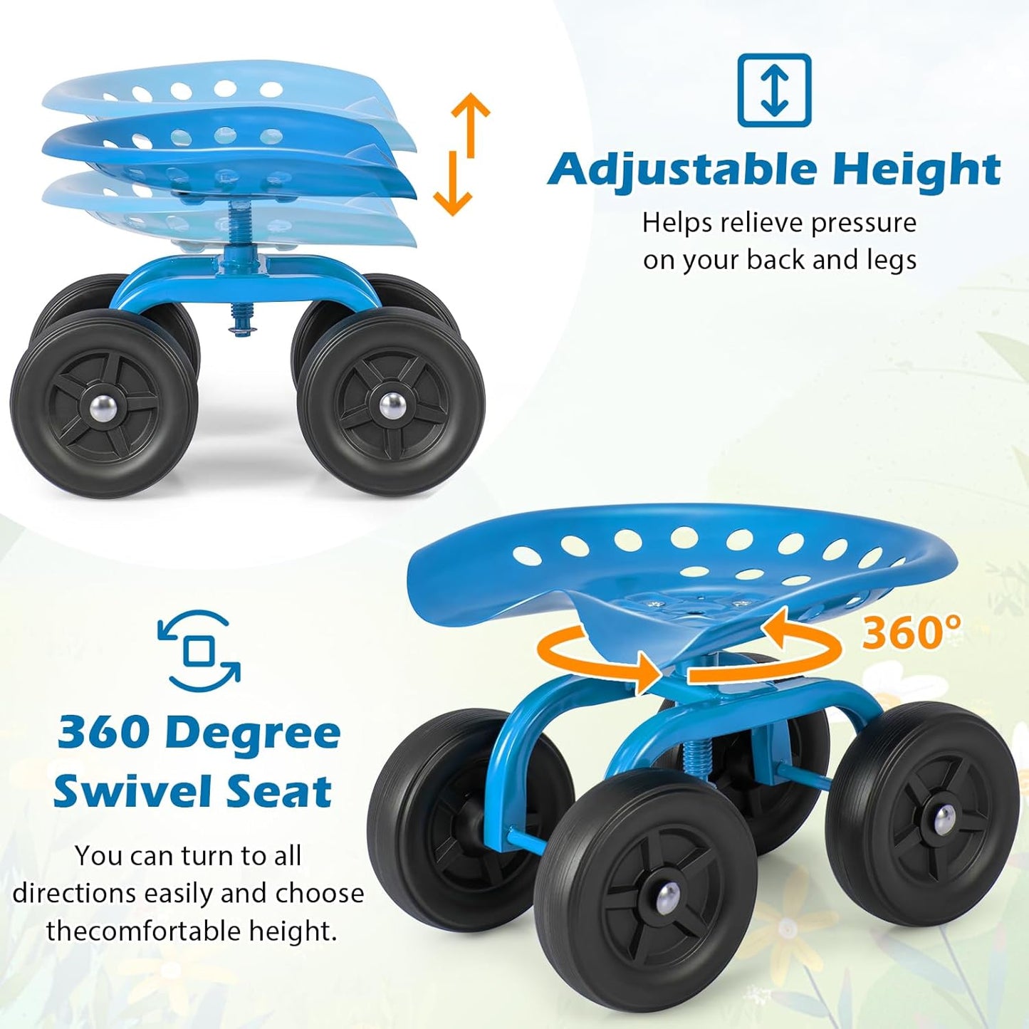 Goplus Garden Cart with Wheels, Utility Stool Cart w/Adjustable 360 Degree Swivel Seat, Outdoor Lawn Yard Rolling Work Seat, Garden Scooter for Planting (Blue)