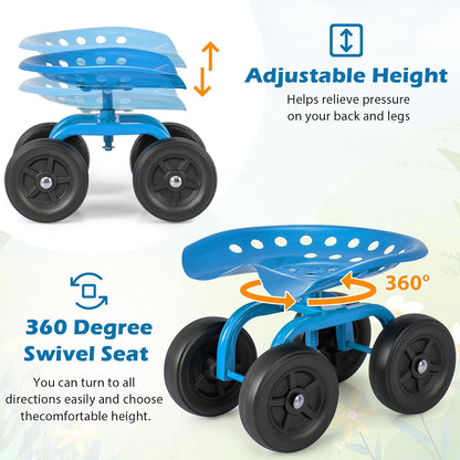 Goplus Garden Cart with Wheels, Utility Stool Cart w/Adjustable 360 Degree Swivel Seat, Outdoor Lawn Yard Rolling Work Seat, Garden Scooter for Planting (Blue)