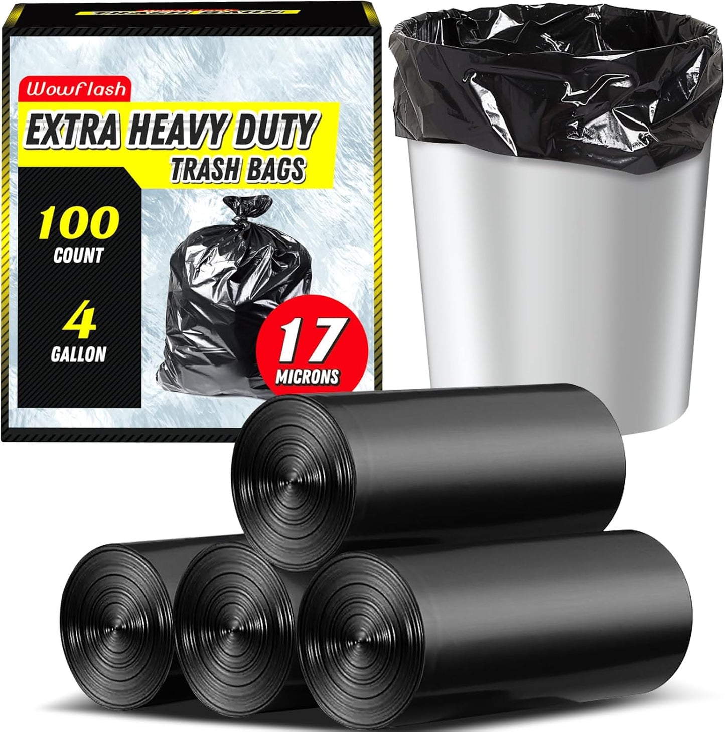 100 Count 17 Micron Extra Heavy Duty 4 Gallon Trash Bags, Sturdy & Tear-Resistant Small Trash Bags for Bathroom & Kitchen