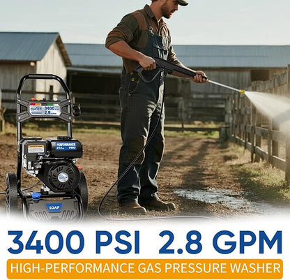 TOOLCY 3400 PSI Gas Pressure Washer, High-Performance 212cc OHV Engine, Reinforced Pump. Onboard Soap Tank, 30FT Hose, Spray Gun & 5 Nozzles, Max 2.8 GPM, Great for Cars/Driveways/Homes/Patios/Boats
