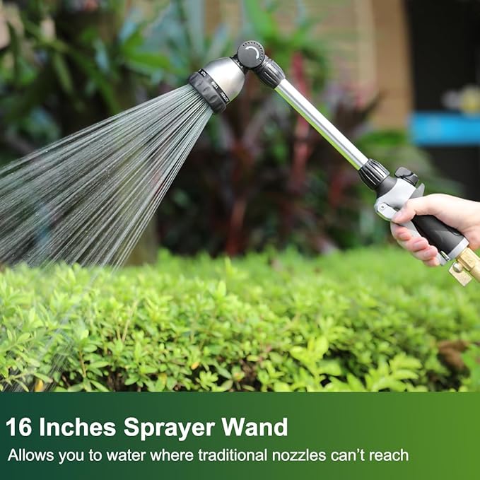 FANHAO Watering Wand Heavy Duty, 16 Inches Metal Garden Hose Wand with 8 Spray Patterns, Long Hose Nozzle Sprayer with ON/OFF Thumb Control, Perfect for Hanging Baskets, Shrubs, Garden and Lawn