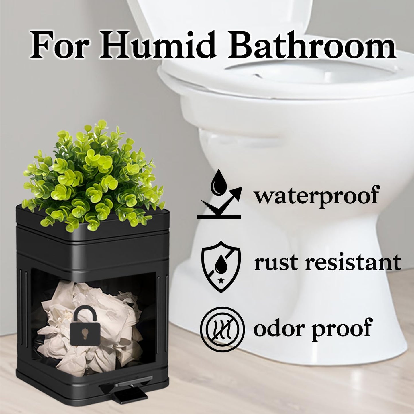 Small Trash Can with Lid, Plant-Styled Outdoor Dog Poop Trash Can Outside, Farmhouse Retro Metal Garbage Can for Bathroom Office, Dog Waste Container with Pedal, Soft Close, 5L/1.3 Gal, Black