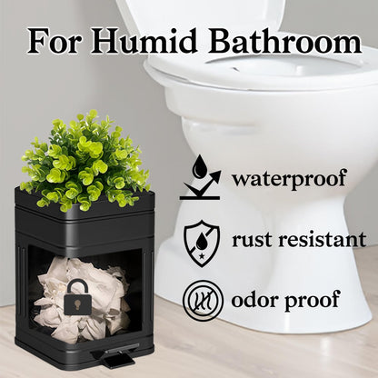 Small Trash Can with Lid, Plant-Styled Outdoor Dog Poop Trash Can Outside, Farmhouse Retro Metal Garbage Can for Bathroom Office, Dog Waste Container with Pedal, Soft Close, 5L/1.3 Gal, Black