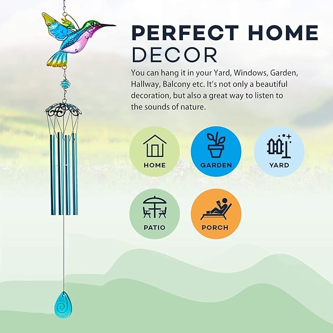 Hummingbird Wind Chimes, Wind Chimes for Outdoor, 26" Glass Painted Mobile Romantic Chimes, Patio, Balcony, Garden Decoration, Lifelike Hummingbird Deep Tone Style, Gifts for Mom