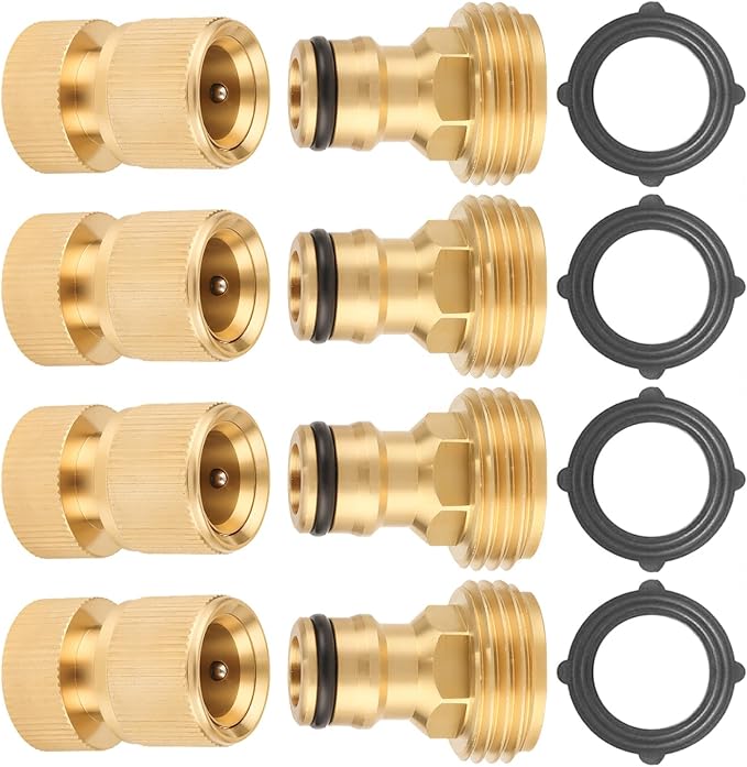 Garden Hose Quick Connector, 3/4 Inch GHT Thread Quick Connect Kit, Solid Brass Water Hose Fittings with Female Adapter and Male Adapter（4pcs）