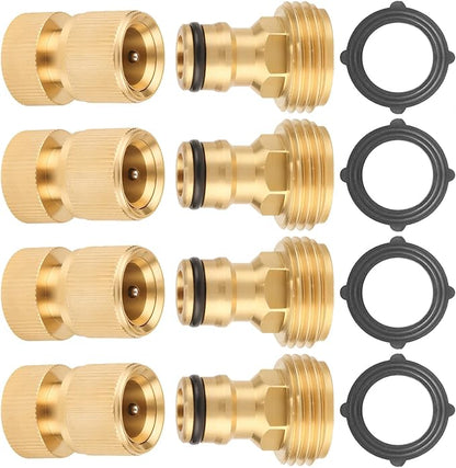 Garden Hose Quick Connector, 3/4 Inch GHT Thread Quick Connect Kit, Solid Brass Water Hose Fittings with Female Adapter and Male Adapter（4pcs）