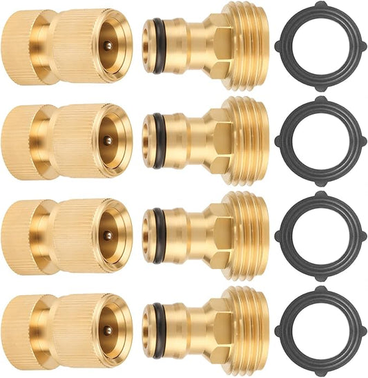 Garden Hose Quick Connector, 3/4 Inch GHT Thread Quick Connect Kit, Solid Brass Water Hose Fittings with Female Adapter and Male Adapter（4pcs）