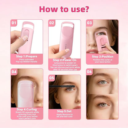 Heated Eyelash Curler,Portable Electric Heated Lash Curler Type-C Rechargeable Travel Eyelash Curlers with Heat Sensitive Silicone Pad,2-Level Adjustable Temp and Long-Lasting Natural Curves (Pink)