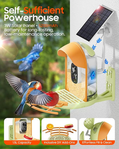 Camii Bird Feeder with Camera, Smart Birdfeeder with AI Identify Birds Species, 2K HD, Solar Powered, Night Vision, Real-Time Alert, IP66 Waterproof for Backyard Bird Watching Enthusiasts (Green)