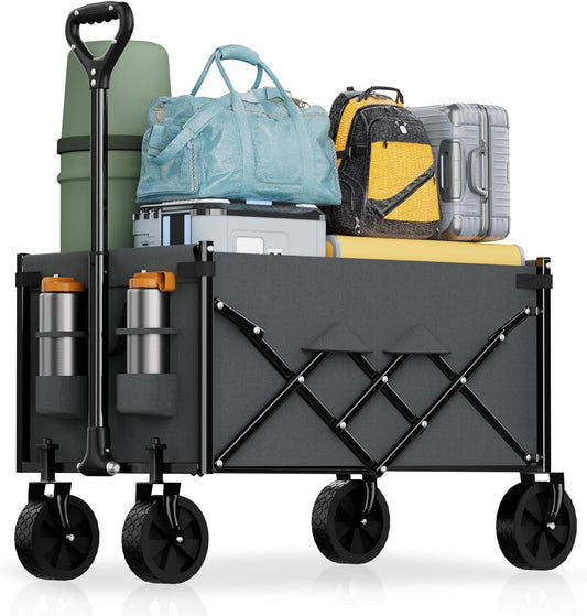 Lightweight Folding Wagon, Large Capacity Collapsible Grocery Cart on Big Wheels, Heavy Duty Foldable Shopping Carts, All-Terrain Outdoor Utility Carts, 3.5 Cu Ft, Grey